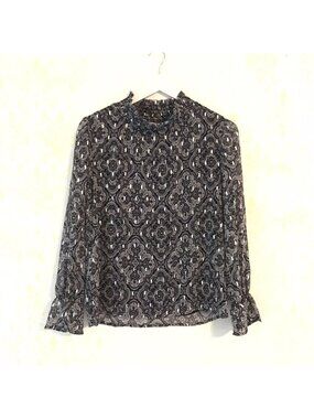 Willow Drive Ruffled Mock Neck Top Metallic Silver Elegant Eye Candy